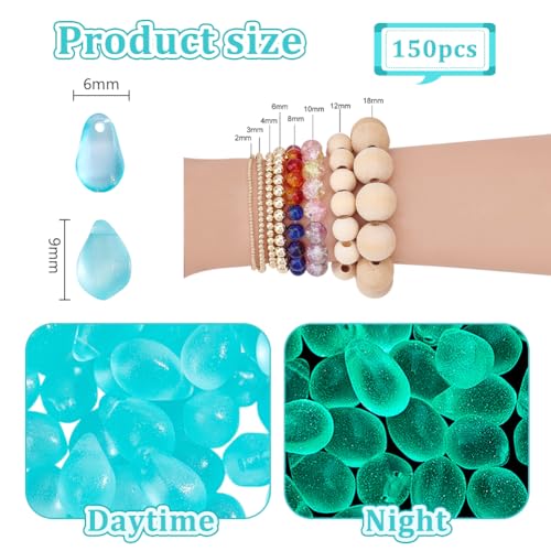 PH PandaHall 150Pcs Glow in The Dark Beads UV Glow Beads Fishing, 9x6mm Pale Turquoise Glass Teardrop Bead Frosted Bead Luminous Green Light in The Dark for Jewelry Making DIY Crafts