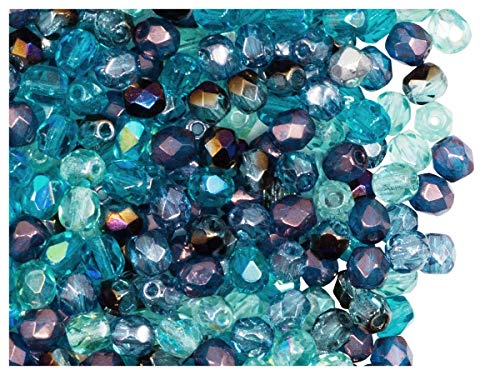 600 Pieces Czech Fire-Polished Faceted Glass Beads Round 4mm, Transparent Blue-Vega Mix - color: Transparent Blue-Vega Mix
