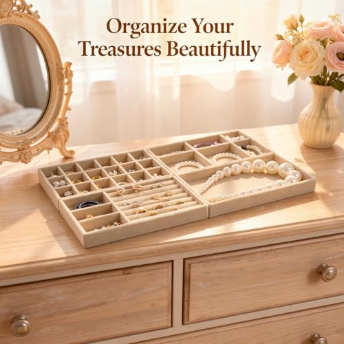 8 Pcs Jewelry Drawer Organizers, Velvet Jewelry Trays for Drawer, Stackable Jewelry Trays, Ideal for Rings, Earrings, Bracelets, Necklaces, Beige - color: Beige