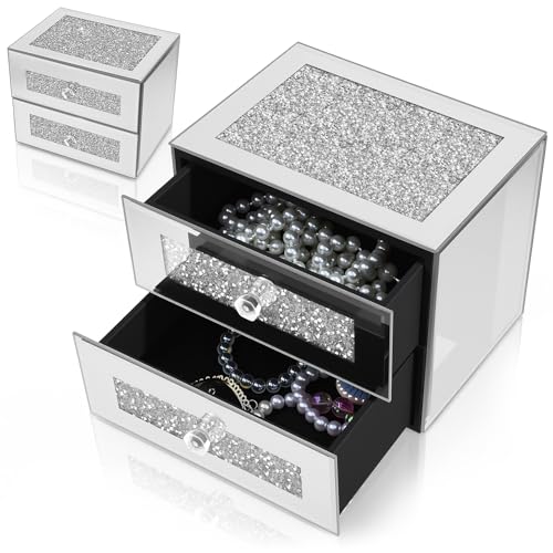 Kenning Silver Jewelry Box 2 Layer Glass Box for Women Mother's Day Crystal Jewelry Organizer Storage Luxury Necklaces Earrings Rings Bracelets Organizer for Mom Gift Decoration