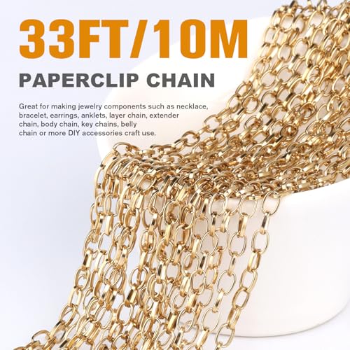 33FT Gold Paperclip Chain Jewelry 3MM 18K Gold PVD Plated Stainless Steel Paperclip Link Chain Roll Bulk for Jewelry Making - color: 3mm gold