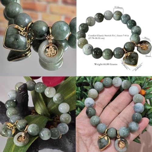 Thai Jade Bracelet 13.20mm – Natural Green Striped Round Beads | Stretch Healing Energy Bangle with Love Heart/Coin Charm | Lucky Feng Shui Protection Gift for Women
