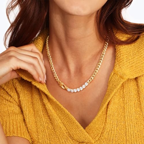 Roe Dolph Tennis Necklace for Women, Gold Choker Chain Necklace with Chunky Cuban Link and Stone-Look Tennis Chain, Fashion Necklace for Women