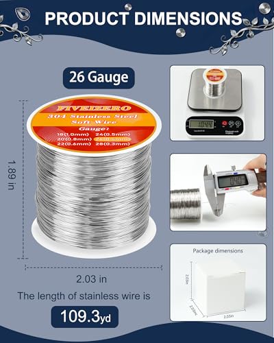 FIVEIZERO 26 Gauge 304 Stainless Steel Wire for Jewelry Making,109yd Stainless Steel Jewelry Wires Thin Metal Craft Wire for Necklace,Bracelet,Earring,Bead Stringing,DIY,Floral and Home Crafts - size: 26 Gauge