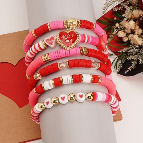 6PCS Valentine’s Day Clay Heishi Bracelet Set for Women- Red Pink Heart Love KISS XOXO Beaded Stretch Bracelets - Handmade Polymer Clay Crystal Glass Stackable Jewelry Gift for Galentine's Anniversary - color: LOVE-04