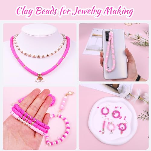 Wuollgess 3500PCS Pink Clay Beads for Bracelet Making Kit, Heishi Beads for Jewelry Making, Friendship Bracelet Kit, Spacer Beads for Adult Necklace Earring DIY - color: Pink