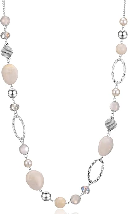 BULINLIN Beaded Long Necklace for Women Silver Sweater Chain Necklace with Crystal Resin Beads, Fashion Jewelry Necklace