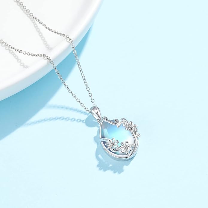 JUSTKIDSTOY Moonstone Necklace 925 Sterling Silver Teardrop Pendant Necklace Jewelry Gifts for Women Girls