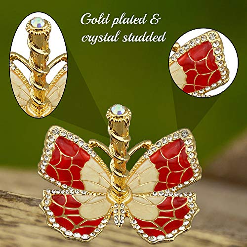 Matashi Red Enamel and Gold Plated Butterfly Jewelry Stand Organizer Ring Holder with Crystals – Gift for Mom on Christmas, Mother’s Day, Birthday, Anniversary, & Valentine’s Day - color: Red