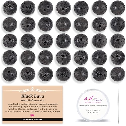 AD Beads 200pcs 4mm Natural Black Lave Round Beads, Healing Energy Gemstone DIY Jewelry Kit with Elastic Cord and Needle - color: Black Lave, size: 4mm-200pcs