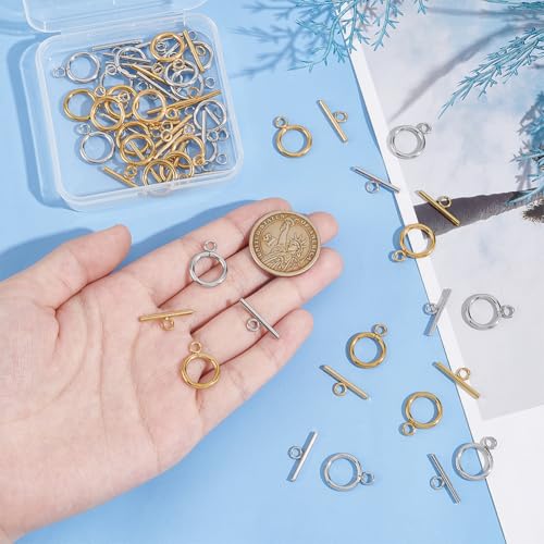 UNICRAFTALE 30 Sets 2 Colors Toggle Clasps 304 Stainless Steel Ring Toggle Connectors Golden & Stainless Steel Color IQ Toggles Clasps & Tbar Clasp for DIY Necklace Bracelet Jewelry Making