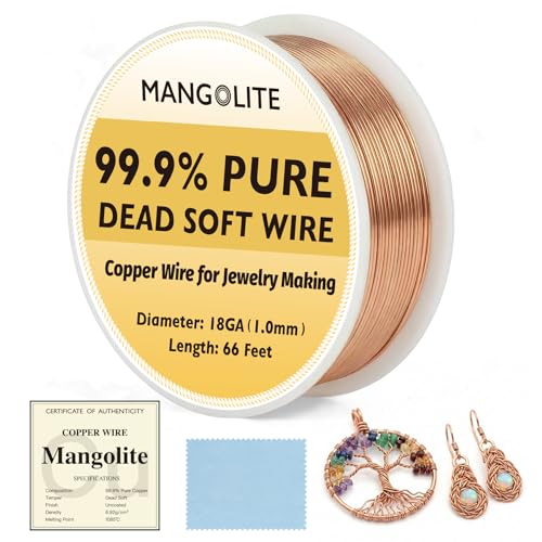 18 Gauge/1.0mm Copper Wire for Jewelry Making – 66 Feet Single Spool with Polishing Cloth & COA – 99.9% Pure Dead Soft Bare & Skin Safe Uncoated Craft Wire for Structural Support & DIY - size: 18 Gauge, style: 5 Ounces
