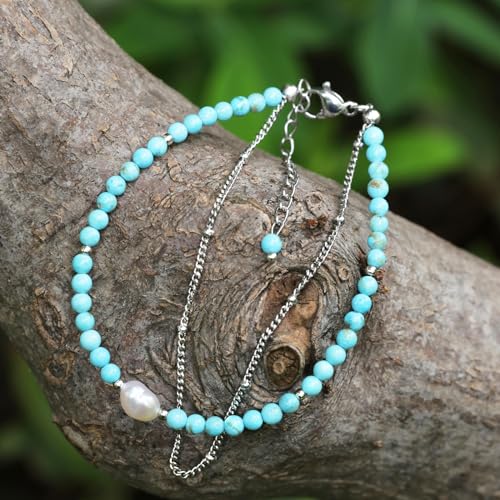 Peridot Stand Silver Gold Bracelets, Handmade Birthstone Stack Bracelet Crystal Gemstones Bead Chain Gift for Women, 8" - color: Silver-06-Turquoise and Baroque Pearls