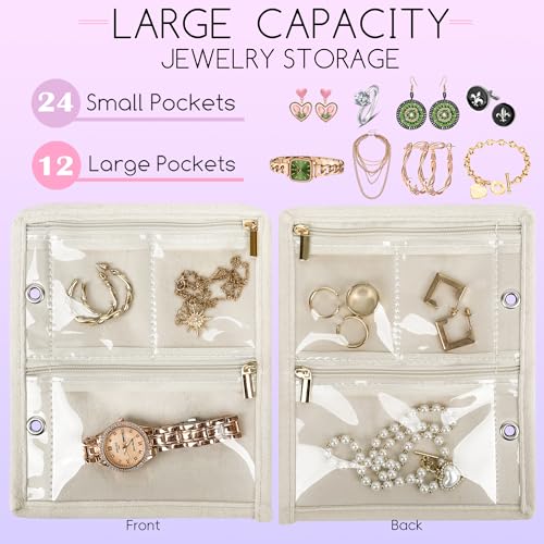 Travel Jewelry Organizer Case,Jewelry Bags Jewelry Storage Book Binder with Clear Zipper Velvet Pouch for Traveling,Earrings, Rings, Necklace, Bracelet (White) - color: Beige