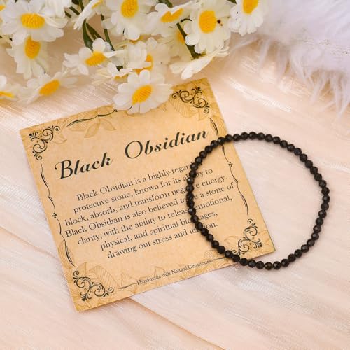 BONNY BOXX Natural Genuine Gemstone Faceted Round Beads Bracelets, 3mm Adjustable Stretchy Tiny Faceted Black Tourmaline Bracelet, Healing Crystal Reiki Chakra Dainty Jewelry Fashion Gifts - color: Black Obsidian