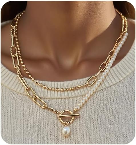 Layered Pearl Chain Necklace for Women, 14K Gold Plated Pearl Link Toggle Clasp Necklace, Dainty Trendy Layered Choker Chunky Jewelry Fashion Gift for Women