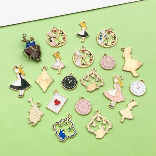 40pcs Alloy enamel dripping oil Alice set tea party scene character posture Pendant Jewelry Making DIY Keychain Earrings Pendant Various Design Charms for Jewelry Making Bracelets Necklace(HK372) - color: HK372