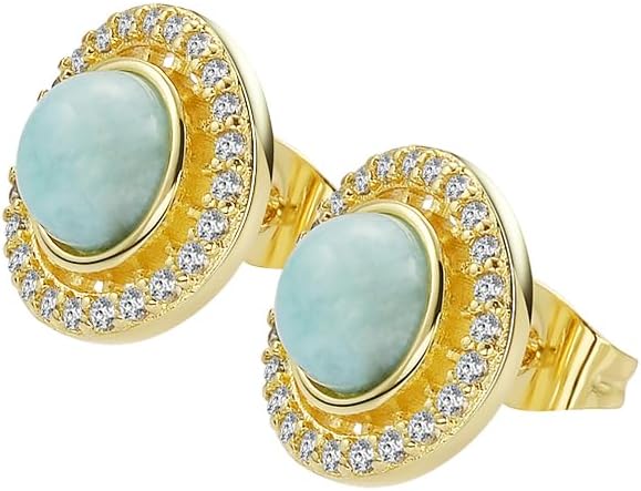Larimar Stone Stud Earrings for Women, Gold Plated Brass