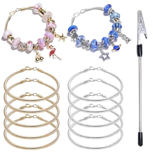 Exway 10 Pcs Snake Charm Bracelet Chain 7.5 Inch Gold and Silver Charm Bracelet Kit Snake Chain Bracelets Chain for Christmas DIY Women Jewelry Making Gifts - color: gold+silver, size: 7.5in