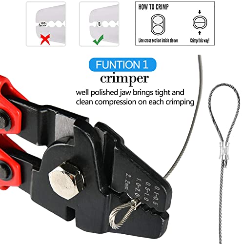 Wire Rope Crimping Tool Kit, with 1/16-304 Stainless Steel Cable 165 ft (7x7 Strand Core), 100 Cable Ferrule Aluminum Loop Sleeve Stops (165ft Rope 100 Loop, Red, 1) - color: Red