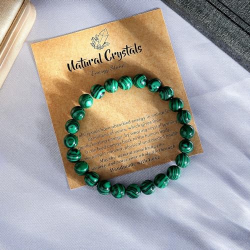 MAIBAOTA Healing Crystal Bracelet for Women Men, 8/4 mm Natural Stone Beaded Bracelets, Jewelry Birthday Gifts, Round Gemstones Stretch Bracelets - color: Green-Malachite, size: 8 mm