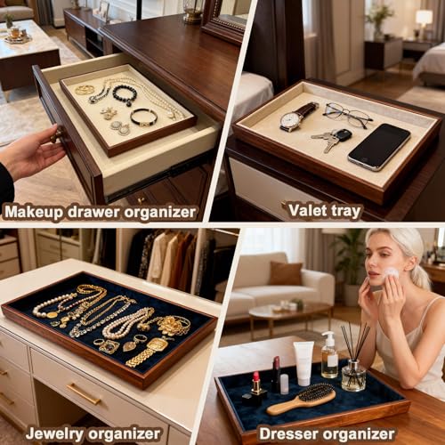 Large Solid Wood Jewelry Watch Tray, Velvet Jewelry Board Display Trays for Key Wallet Ring，Stackable Wooden Jewelry Drawer Organizer Showcase Jewelry Holder(Grey) - color: Gray