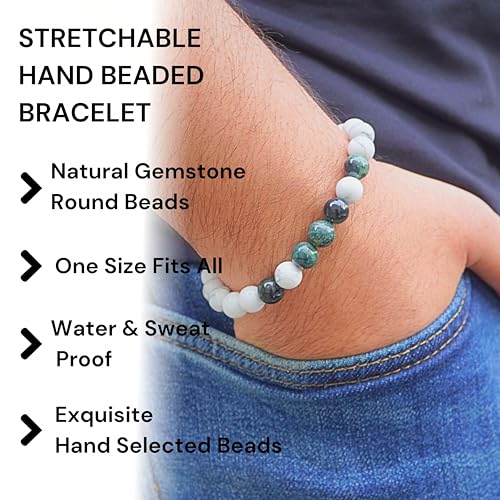 Black Obisidian Bracelets for Men 8" Inch Full Stretch Healing Crystal Bracelet, Beaded Charm Bracelet for Men Gifts Fathers Day Anniversary Birthday Gifts for Him - color: White Howlite & Jasper Bracelets