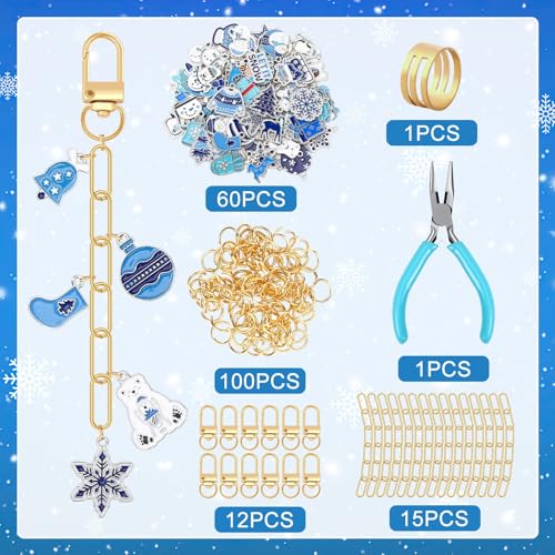 AUGSUN 189 Pcs Christmas Winter Keychain Making Kit, Charm Jewelry Chain 60 Charms 12 Keychain Clips Hooks 15 Extender Chains 100 Jump Ring and Jewelry Plier for DIY Crafts Accessories Holiday Gifts - style: Winter