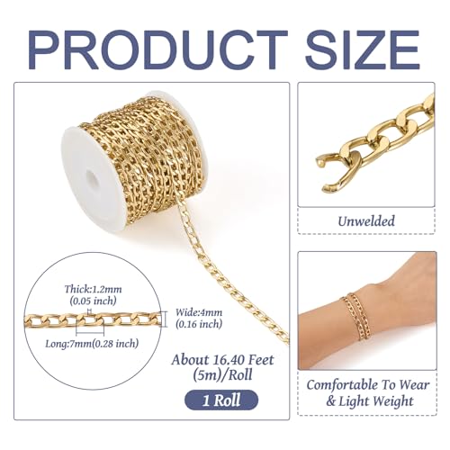 Craftdady 16.4 ft Golden Aluminium Curb Chain 7x4mm Twisted Metal Chain Oval Cross Unwelded Small Chain for Crafts DIY Necklace Bracelet Jewelry Making Supplies - color: Golden,7x4mm