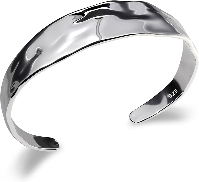 Sterling Silver Chunky Cuff Bracelet Vintage Hammered Texture Style Statement Open Bangle Bracelets for Women