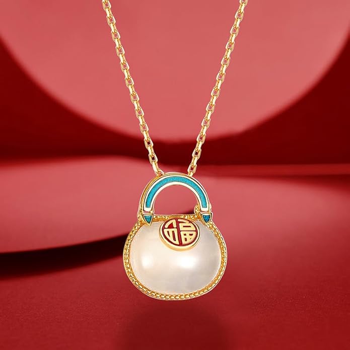 14K Gold Real Natural Jade Enamel Fortune Bag Necklace, Unique Vintage Style Jade Pendant, Delicate Jade Jewelry Gift for Wife's Prosperity