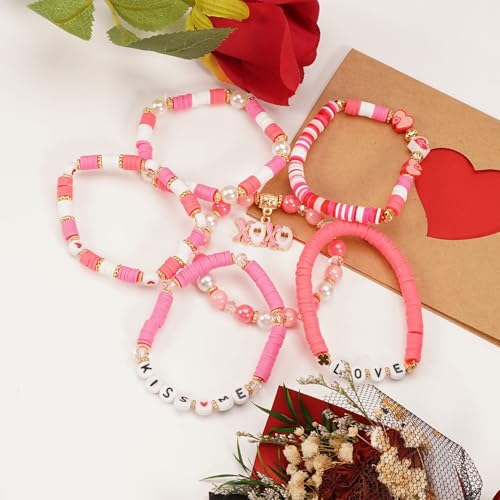 6PCS Valentine’s Day Clay Heishi Bracelet Set for Women- Red Pink Heart Love KISS XOXO Beaded Stretch Bracelets - Handmade Polymer Clay Crystal Glass Stackable Jewelry Gift for Galentine's Anniversary - color: LOVE-01