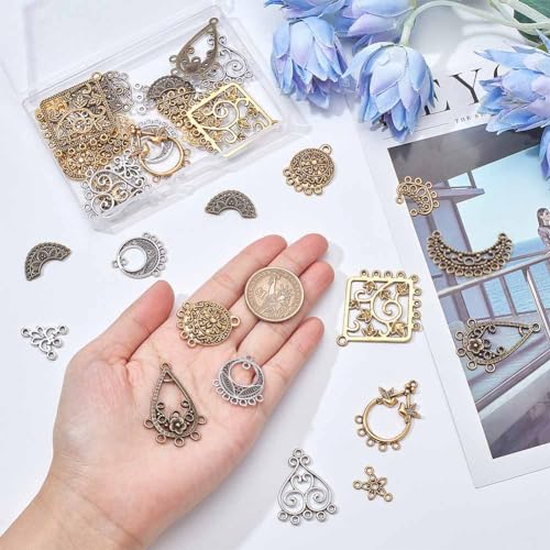SUNNYCLUE 1 Box 60Pcs 15 Style Tibetan Chandelier Charms Alloy Chandelier Components Links Filigree Flower Linking Charms Teardrop Connector Round Charm for Jewelry Making Charms DIY Supplies Adult - color: 60pcs 15 Style Mixed Color