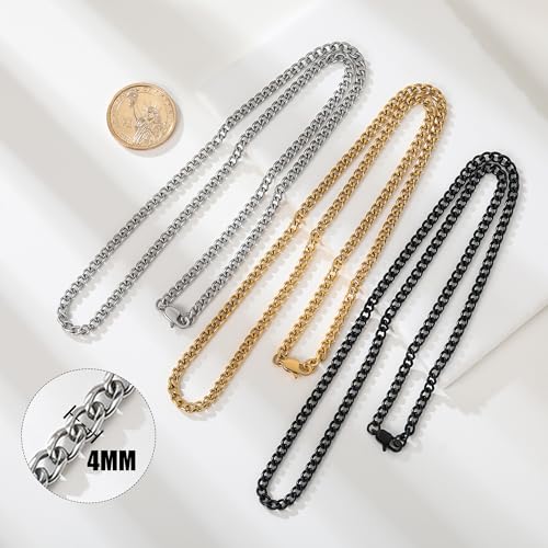 3 Pcs Cuban Link Chain Necklace for men, 4mm Stainless Steel Silver Black and 18K Gold Plated Chains Necklace men Women, 18"/22"/26"/30 Inches - size: 22 Inches