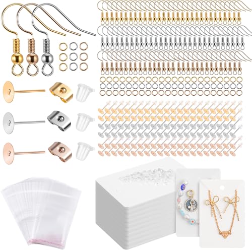 Tondiamo 2400 Pcs Earring Making Kit, Include Bright Gold, Silver and Gold Ear Hooks, 300 Earrings Cards Anti Sensitive Earring Making Tool with Jump Rings and OPP Bags for Repair(White Card) - color: White Card