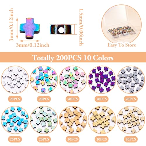 200 Pcs Hematite Cross Beads for Jewelry Making 3 mm Natural Hematite Beads Small Cross Crucifix Bracelet Charms Gemstone Round Loose Bead for Women Men Bracelet Jewelry Making - color: Hematite-Colorful