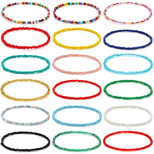 XIJIN 18 Pieces Elastic Beaded Anklets for Women Handmade Beach Boho Colorful Beads Ankle Bracelets Set - color: Multicolor