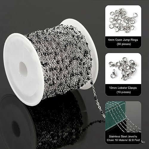 UMAOKANG 10 Meters Stainless Steel Jewelry Chain for Jewelry Making Black Enamel Bead Cable Chain Roll with Open Jump Rings and Lobster Clasps - color: Black Bead-Steel