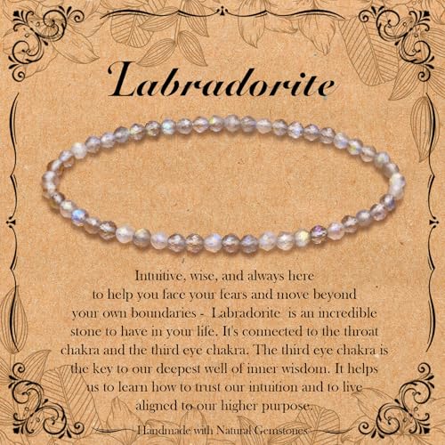 BONNY BOXX Natural Genuine Gemstone Faceted Round Beads Bracelets, 3mm Adjustable Stretchy Tiny Faceted Black Tourmaline Bracelet, Healing Crystal Reiki Chakra Dainty Jewelry Fashion Gifts - color: Labradorite