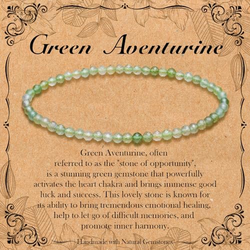 BONNY BOXX Natural Genuine Gemstone Faceted Round Beads Bracelets, 3mm Adjustable Stretchy Tiny Faceted Black Tourmaline Bracelet, Healing Crystal Reiki Chakra Dainty Jewelry Fashion Gifts - color: Green Aventurine
