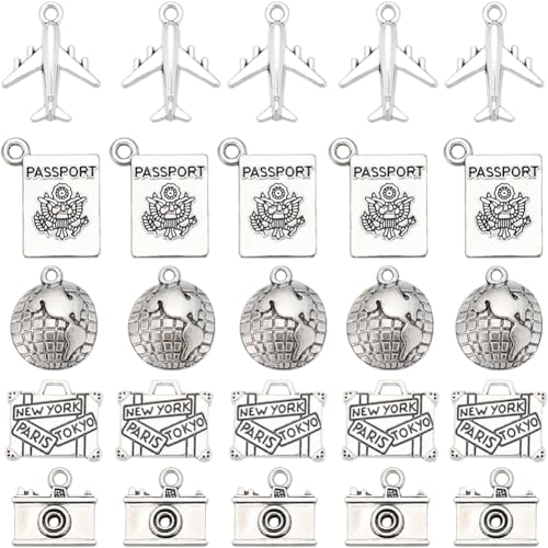 SUNNYCLUE 1 Box 80Pcs 5 Styles Alloy Travel Charms Passport Charms Bulk Tibetan Silver Retro Metal Airplane Camera Map Suitcase Pendants for Jewelry Making Supplies DIY Necklace Bracelet Earring