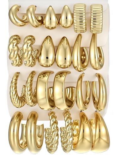 Gold Hoop Earrings Set for Women, 18 Pairs Hypoallergenic Statement Open Pearl Hoops Earring for Multipack, Gold Chunky Hoop Earrings for Women Trendy Jewelry - color: Yellow Gold