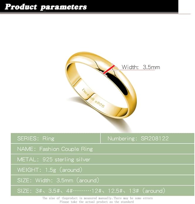 Dankadi Simple Fashion S925 Sterling Silver Ring Smooth Plain Dome Comfort Solid Silver Wedding Ring For Men & Women 3.5 mm 3-13# 24k Real Gold Plated Jewelry