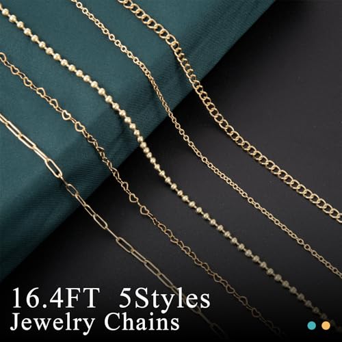 HUISUYTON 16.4 FT Gold Chain for Jewelry Making, Jewelry Making Chains Kit with Jump Rings/Lobster Clasps/Connectors/Charms/Pliers, Stainless Steel Necklace Chains for DIY Craft - color: Gold-16.4Ft+Pendants