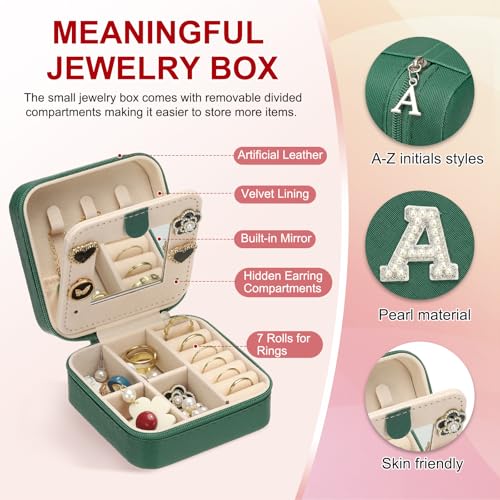 PATIKIL Travel Jewelry Case,A Initial Small Travel Jewelry Box Organizer Rings Earrings Storage Case Personalized Gifts for Women Girls Birthday Christmas Bridesmaid Gifts,Dark Green - style: A