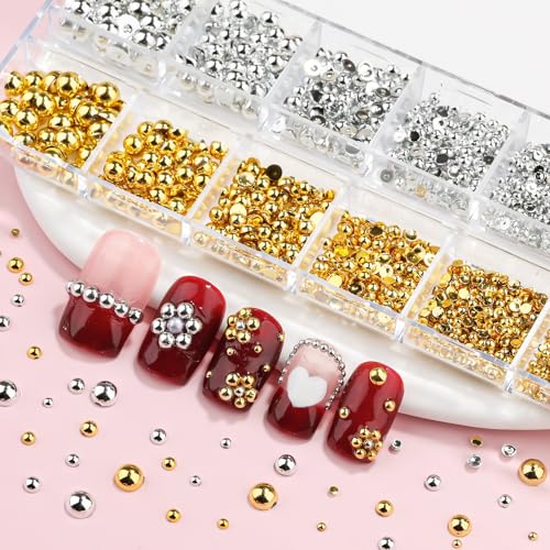 Gold and Silver Nail Charms and Gems, 1.5-5mm Half Round Flatback Nail Pearls Ball Beads Silver Gold Pearls for Nails with Pickup Pencil and Tweezers (12-K1-half-pearls-gold-silver) - color: 12-K1-half-pearls-gold-silver