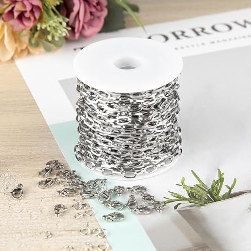 Kyutong 32.8 Feet Flat Oval Paperclip Jewelry Chain Link Silver Stainless Steel Chain Necklace Long Crafting Chains with Lobster Clasps and Open Jump Rings - color: Oval Paperclip Silver