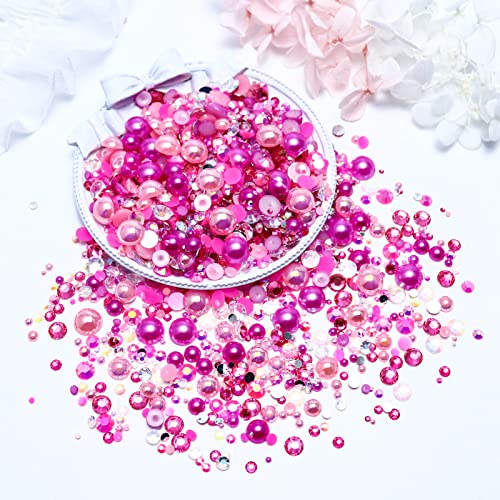 60g Mix Flatback Pearls and Rhinestones for Crafts, 2-10mm Pearl Nails Face Art Tumblers, Mix Pearls, with Picker Pen, Light Pink|Hot Pink|Clear - color: Pink Princess Blend | Mix Light Pink | Hot Pink | Clear