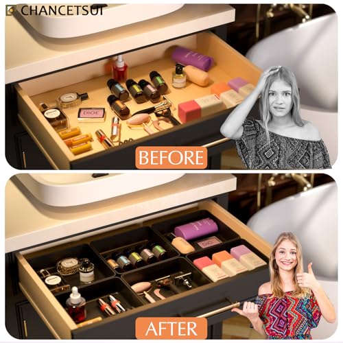 CHANCETSUI Black Stackable Vanity Organizer Trays: Thick Makeup Holder for Countertop, Shallow Drawers