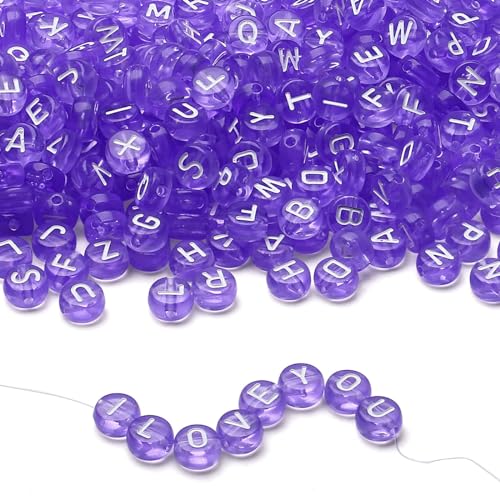 LAIDANLA 1500PCS Acrylic Letter Beads Alphabet White Letters Purple Transparent Round Bead 7×4mm for Jewelry Bracelets Necklaces Key Chains Making - color: N-White Letter Purple Transparent Beads